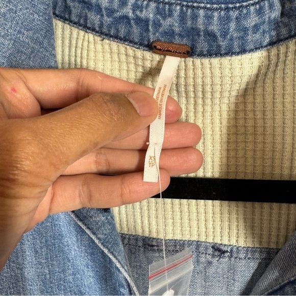 Free People Jean Tunic Dress Blue Beige Button Front Mixed Fabric Size XS - Picture 4 of 16